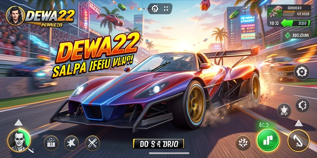 Gameplay seru DEWA22 dengan mobil balap yang mengesankan.