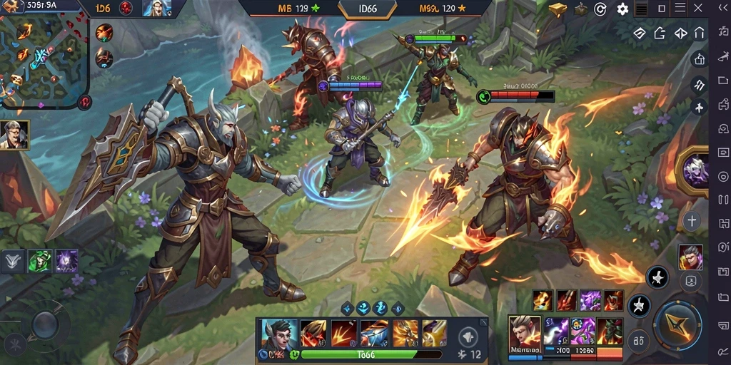 Screenshot gameplay ID66 yang penuh aksi dalam pertarungan MOBA.