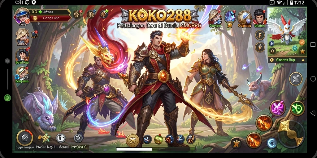 Screenshot gameplay KOKO288 menunjukkan pertempuran seru dan dunia yang indah.
