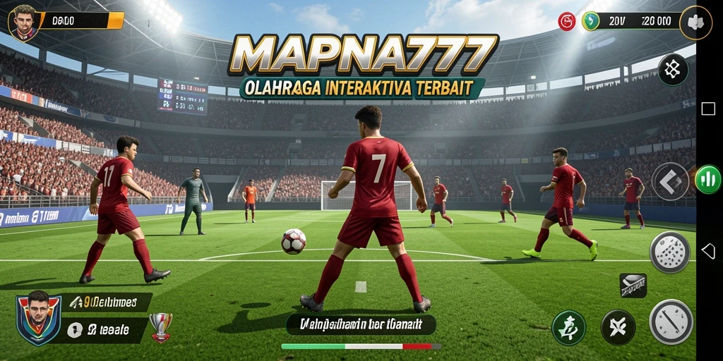 Screenshot utama menunjukkan aksi intens di lapangan olahraga.