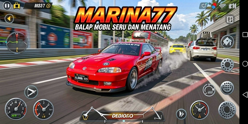 Screenshot menunjukkan balapan intens dengan mobil berkecepatan tinggi.