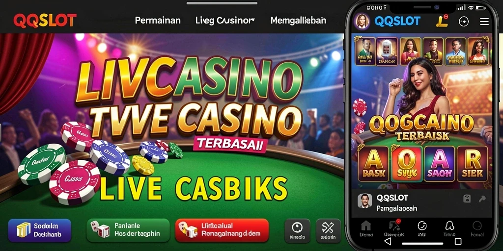 Screenshot gameplay QQSLOT yang menampilkan dealer langsung dan suasana kasino.