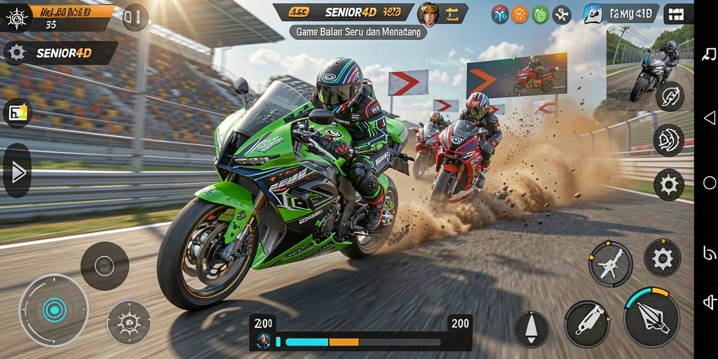 Screenshot gameplay SENIOR4D menampilkan balapan motor yang intens.